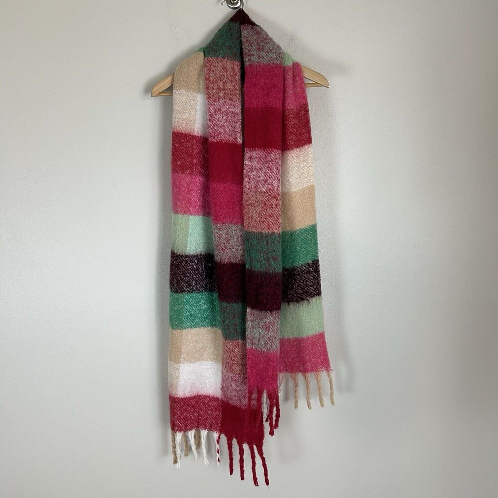 Loft pink and red Plaid Blanket scarf 16" x 68" Super Soft Oversized Fringe